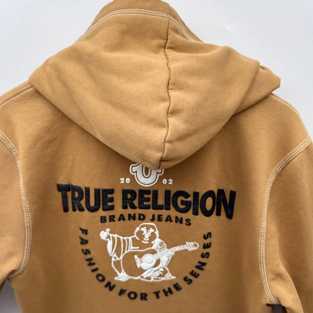 True Religion Zip Up Hoodie Mens Large Brown Buddha Graphic Contrast Stitching